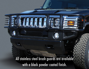All stainless steel brush guards are available with a black powder coated finish.